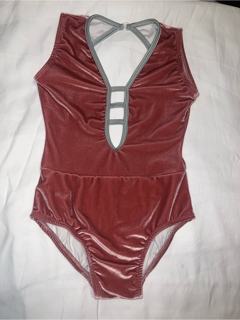 Girls Velvet Dance Leotard in Mauve with Contrast Trim